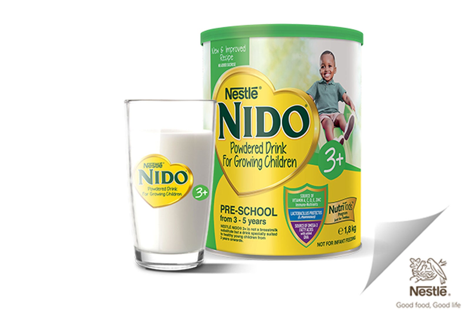 Nido 3 plus product and a glass of milk with product's logo.
