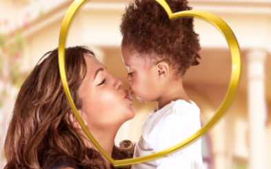 A mother kissing her daughter with the heart symbol of Nido Plus 3 product on top.